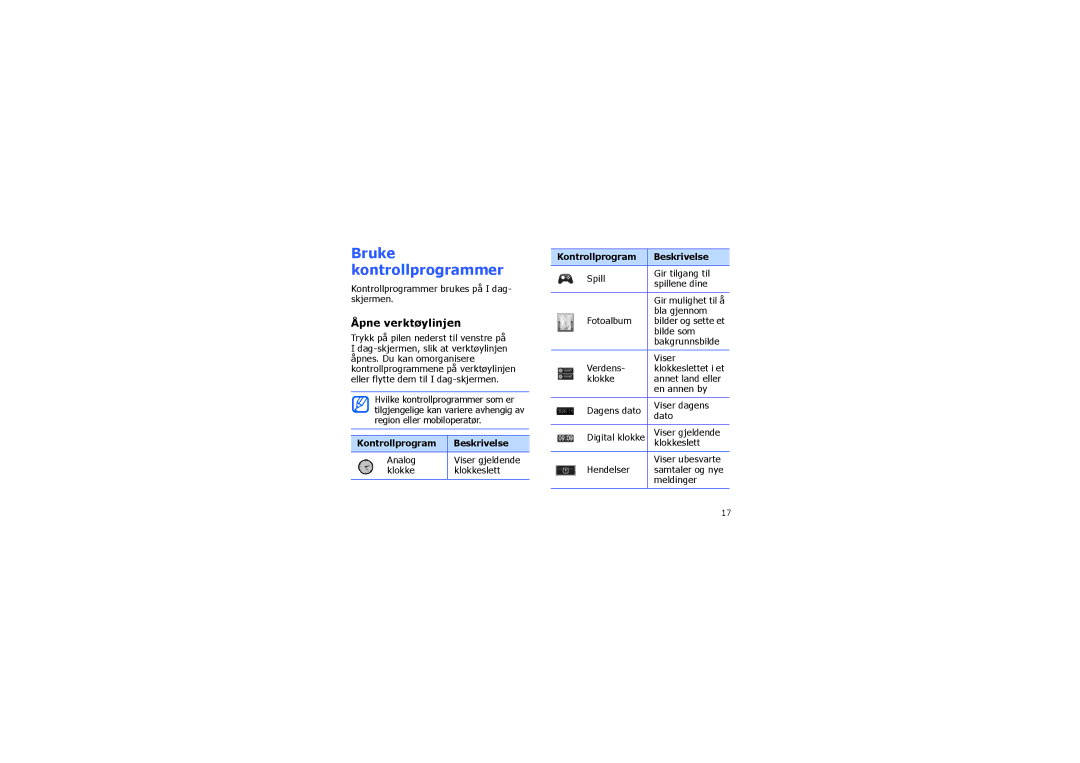 Samsung SGH-I900XKAXEE, SGH-I900XKMXEE manual Bruke kontrollprogrammer, Åpne verktøylinjen, Kontrollprogram Beskrivelse 