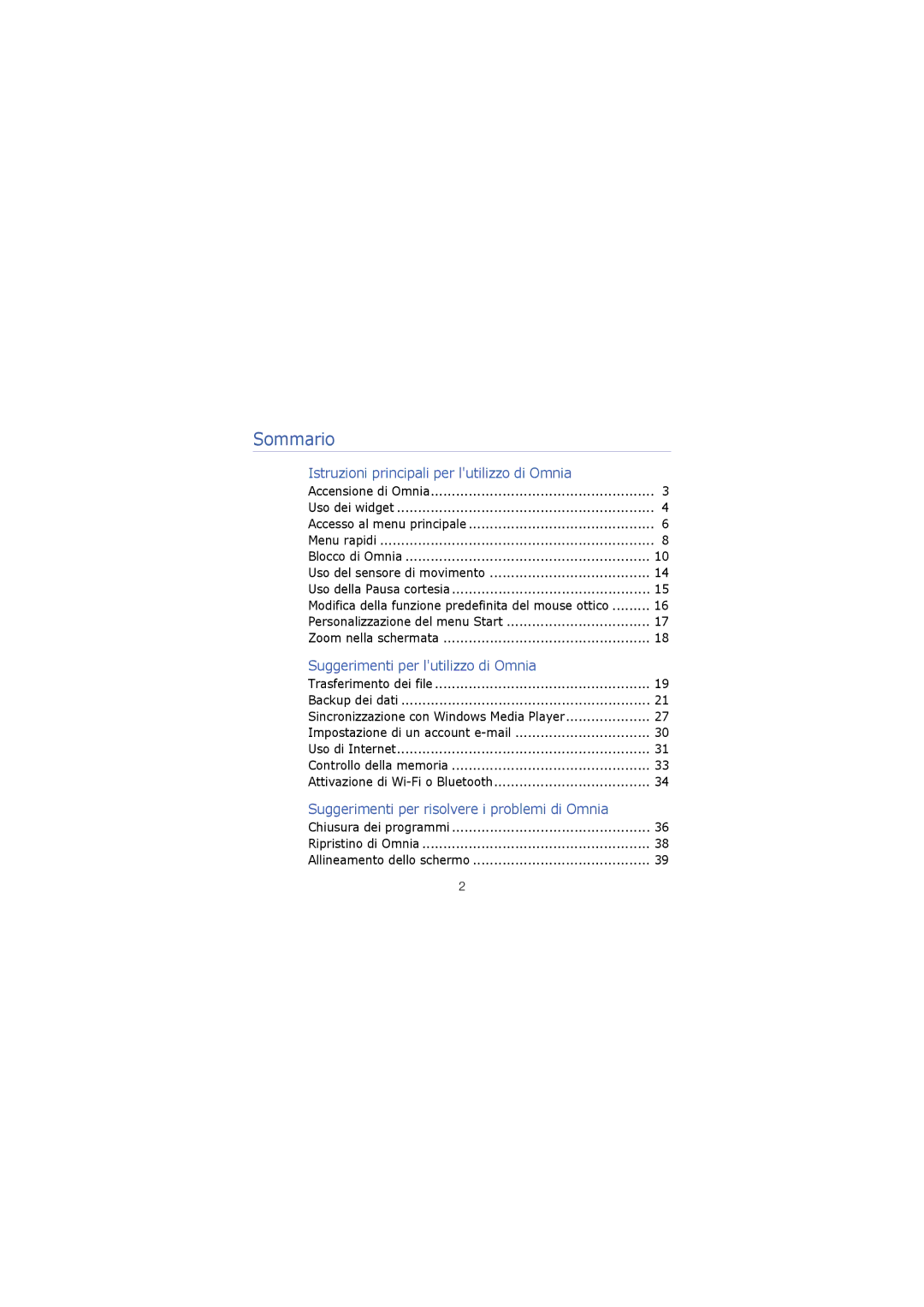 Samsung SGH-I900HKMITV, SGH-I900XNBITV, SGH-I900DABXTC manual Sommario, Istruzioni principali per lutilizzo di Omnia 