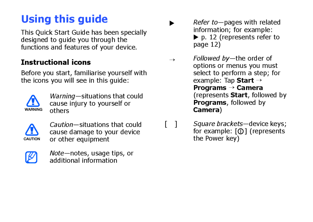 Samsung SGH-I900XKATUR, SGH-I900ZKAXEG, SGH-I900XKBDTM, SGH-I900HAADBT, SGH-I900XKNEPL Using this guide, Instructional icons 