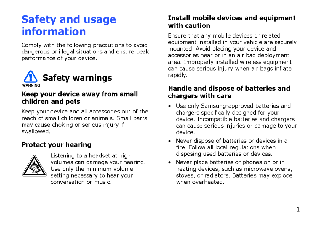 Samsung SGH-I900HAADBT, SGH-I900ZKAXEG manual Keep your device away from small children and pets, Protect your hearing 