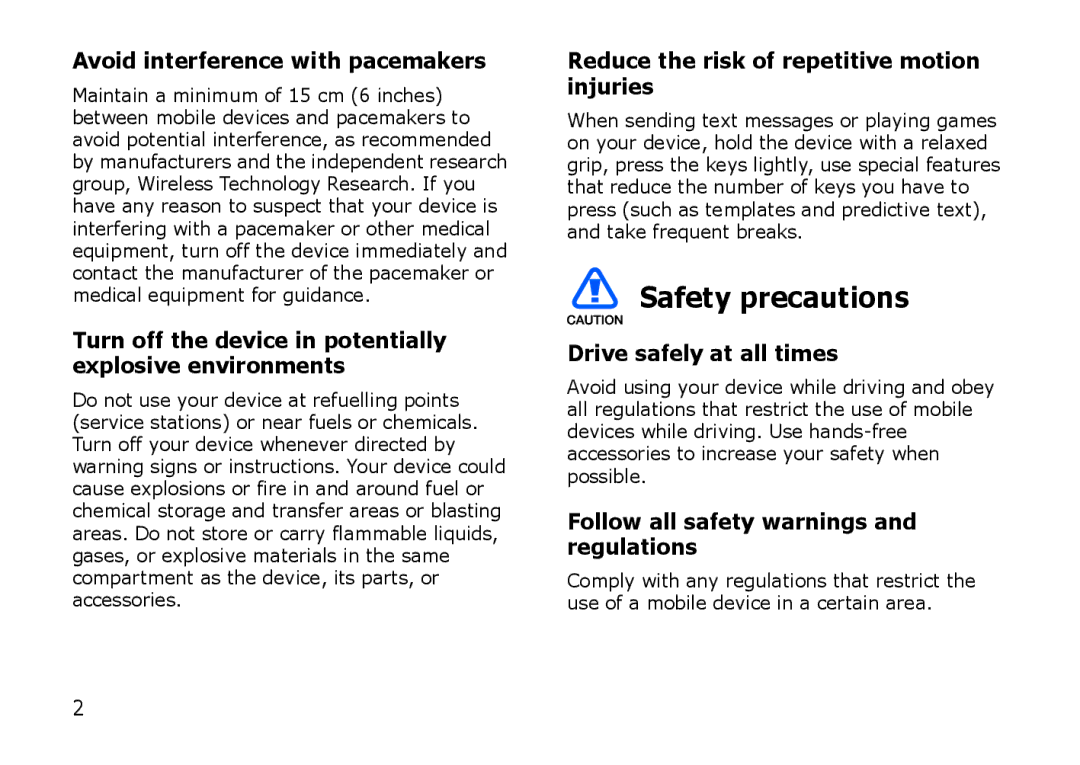 Samsung SGH-I900XKNEPL, SGH-I900ZKAXEG Avoid interference with pacemakers, Reduce the risk of repetitive motion injuries 