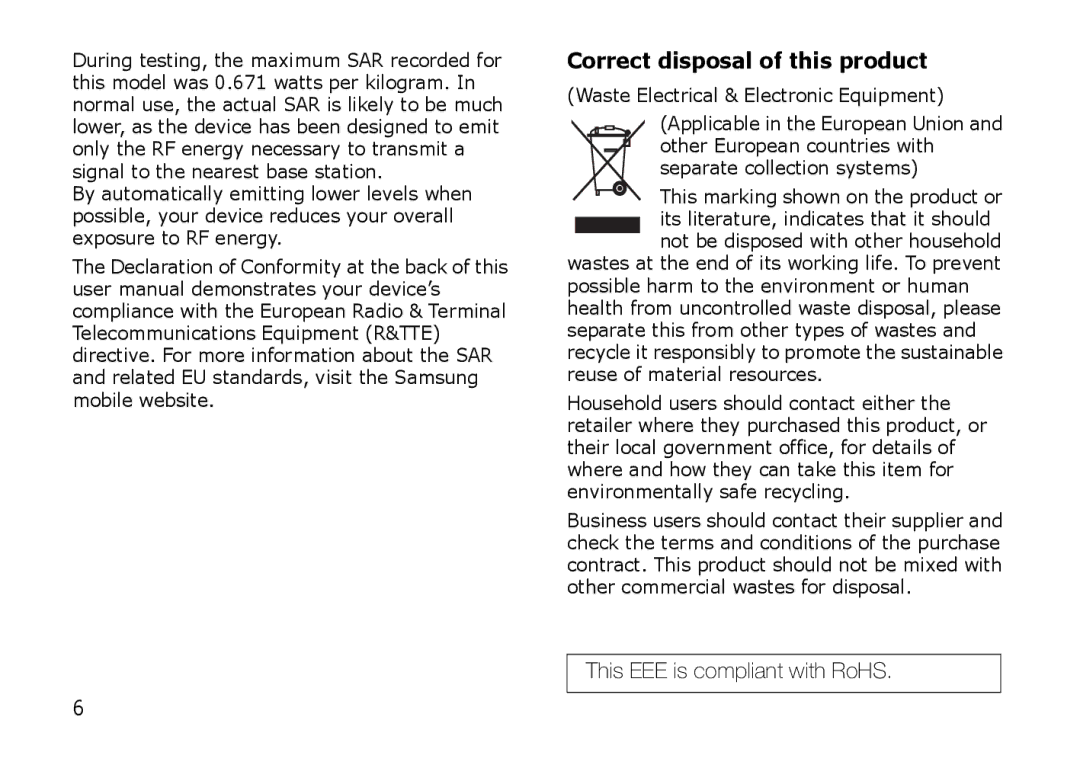 Samsung SGH-I900HAAXEG, SGH-I900ZKAXEG, SGH-I900XKBDTM, SGH-I900XKATUR, SGH-I900HAADBT manual Correct disposal of this product 