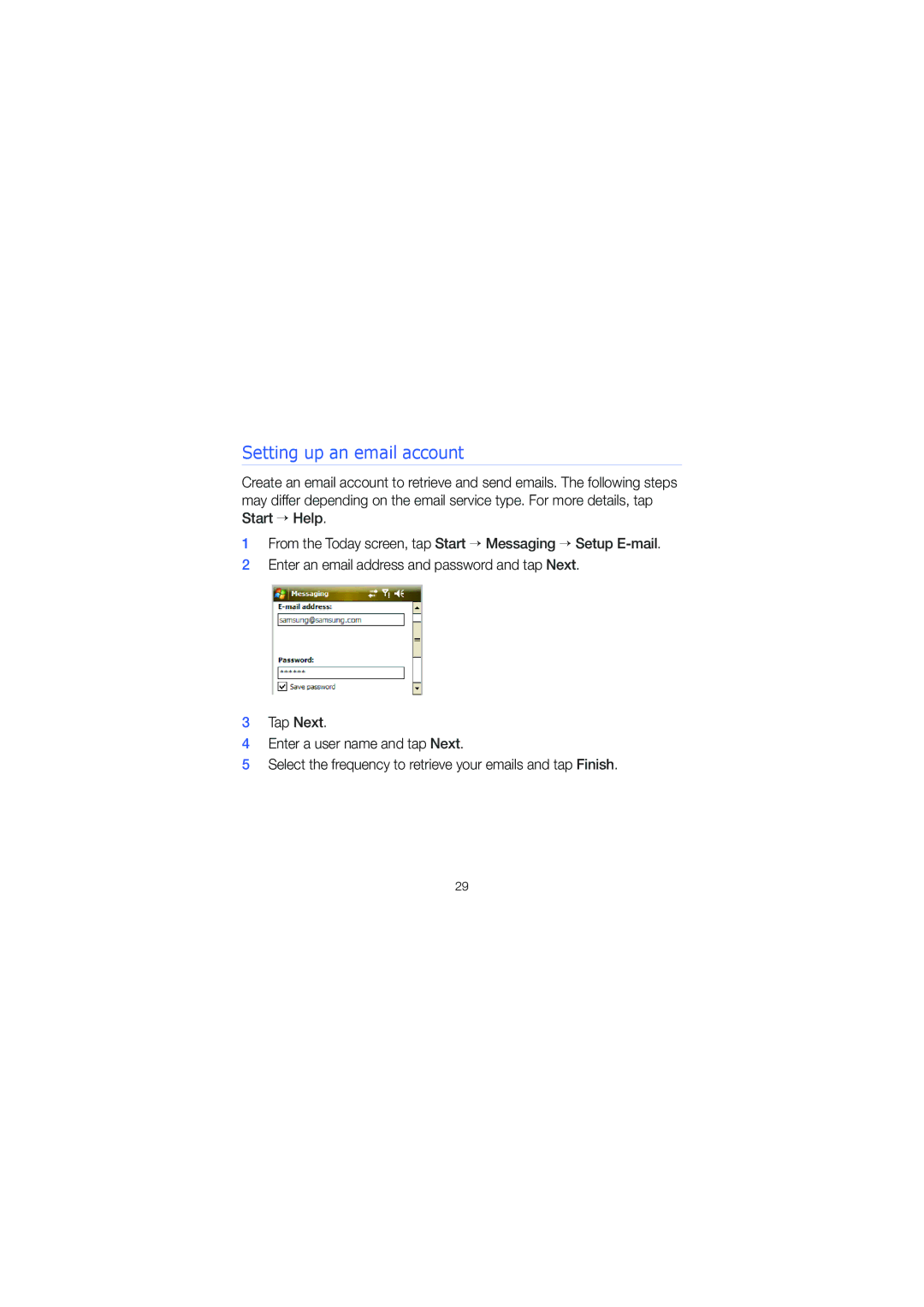 Samsung SGH-I900XKDBOG, SGH-I900ZKAXEG, SGH-I900XKBDTM, SGH-I900XKATUR, SGH-I900HAADBT manual Setting up an email account 