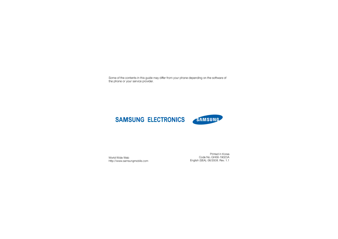 Samsung SGH-I900XKBDTM, SGH-I900ZKAXEG, SGH-I900XKATUR, SGH-I900HAADBT manual World Wide Web Code No.GH68-19023A 