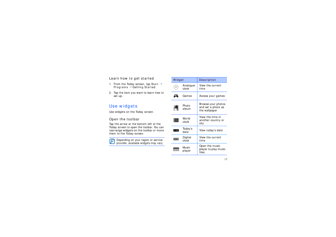 Samsung SGH-I900ZKADBT, SGH-I900ZKAXEG manual Use widgets, Learn how to get started, Open the toolbar, Widget Description 