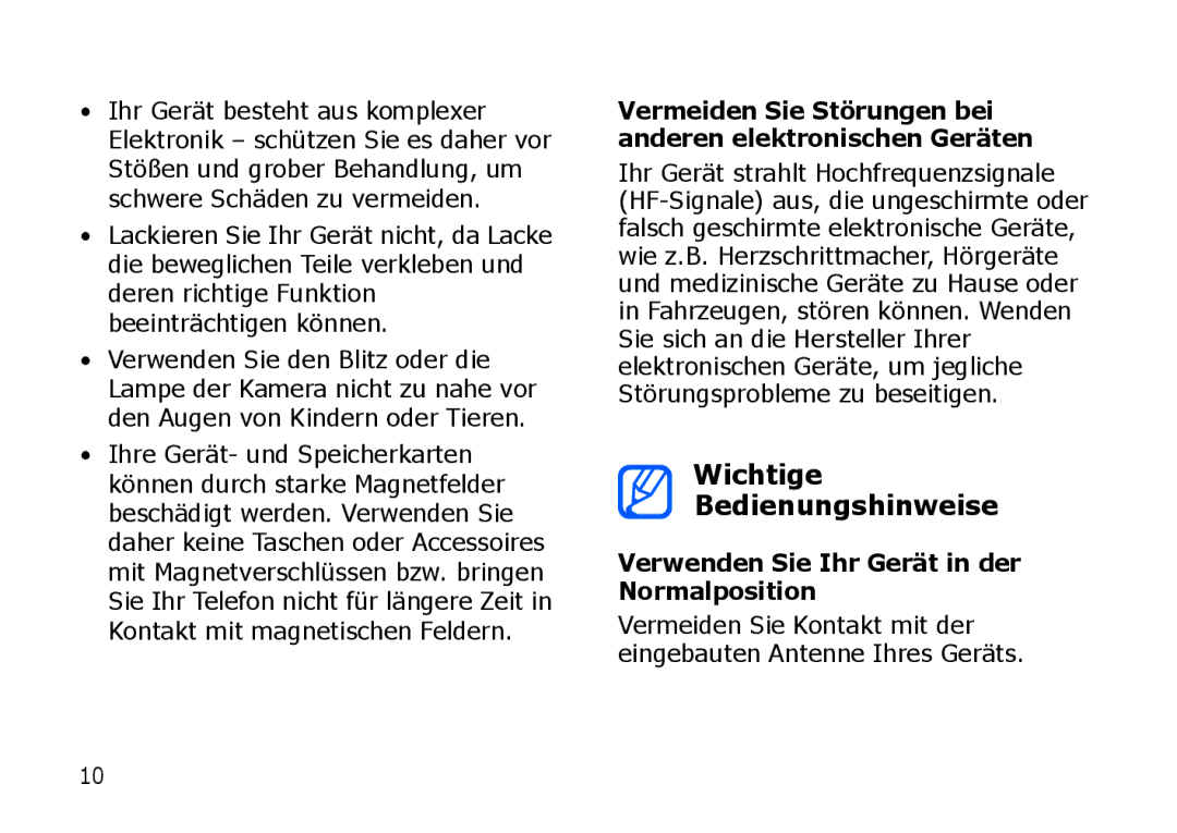 Samsung SGH-I900XKADTM manual Wichtige Bedienungshinweise, Vermeiden Sie Störungen bei anderen elektronischen Geräten 