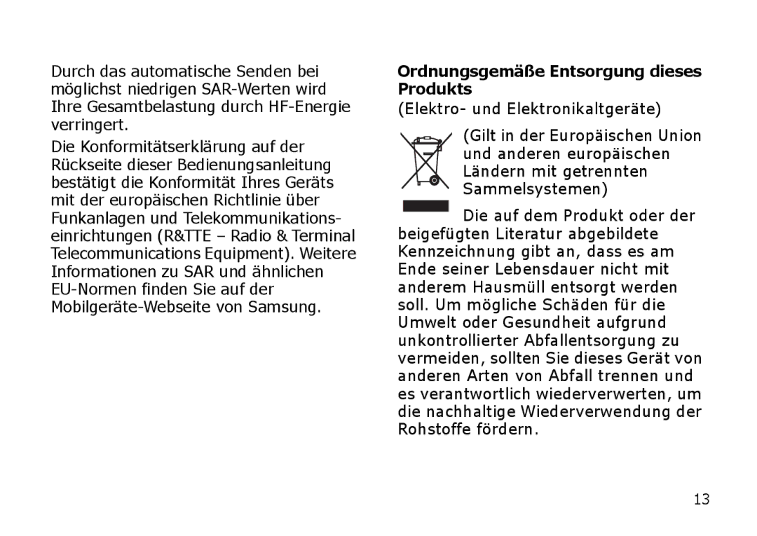 Samsung SGH-I900ZKBDTM, SGH-I900ZKAXEG manual Ordnungsgemäße Entsorgung dieses Produkts, Elektro- und Elektronikaltgeräte 