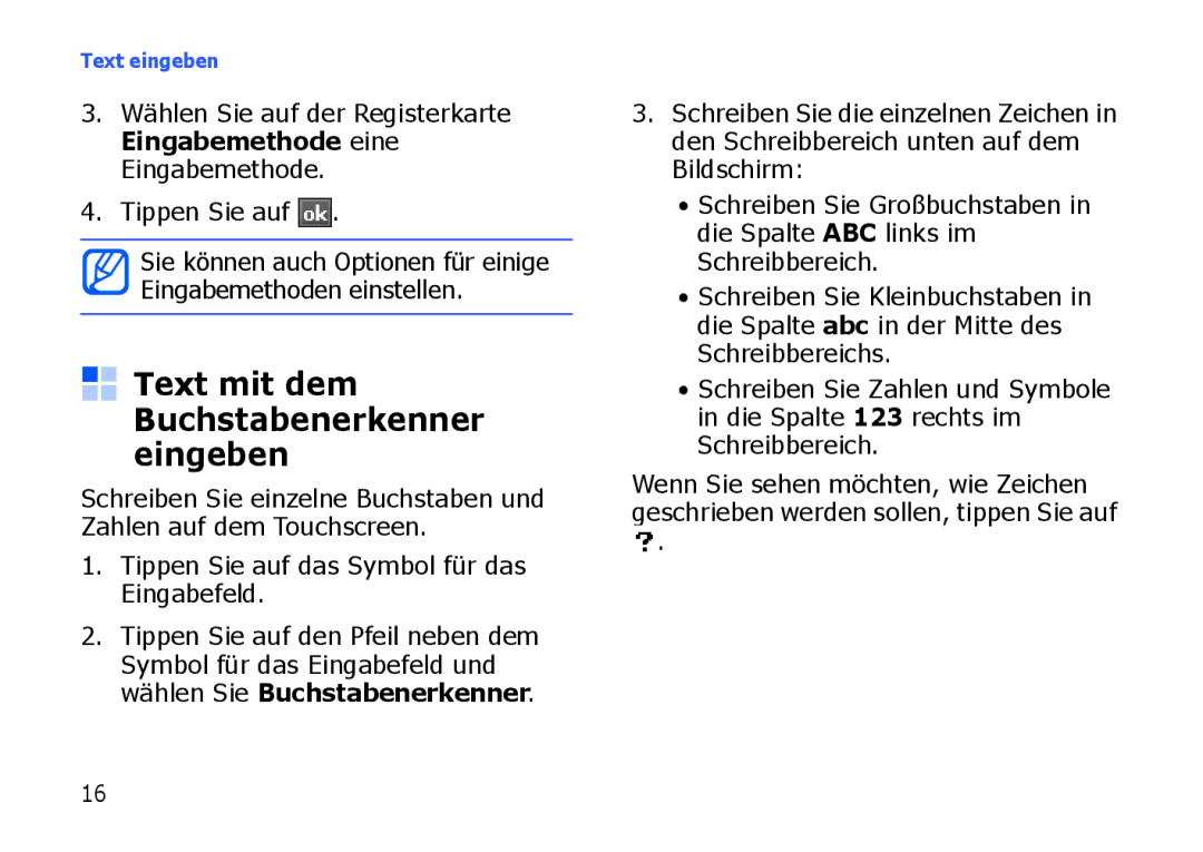 Samsung SGH-I900XKBEPL, SGH-I900ZKAXEG, SGH-I900XKBDTM, SGH-I900XKATUR manual Text mit dem Buchstabenerkenner eingeben 