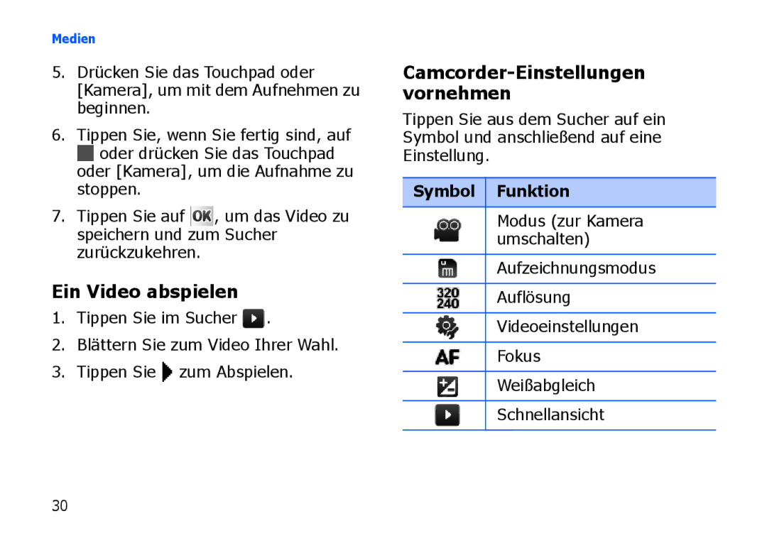 Samsung SGH-I900HAAVIA, SGH-I900ZKAXEG, SGH-I900XKBDTM manual Ein Video abspielen, Camcorder-Einstellungen vornehmen 