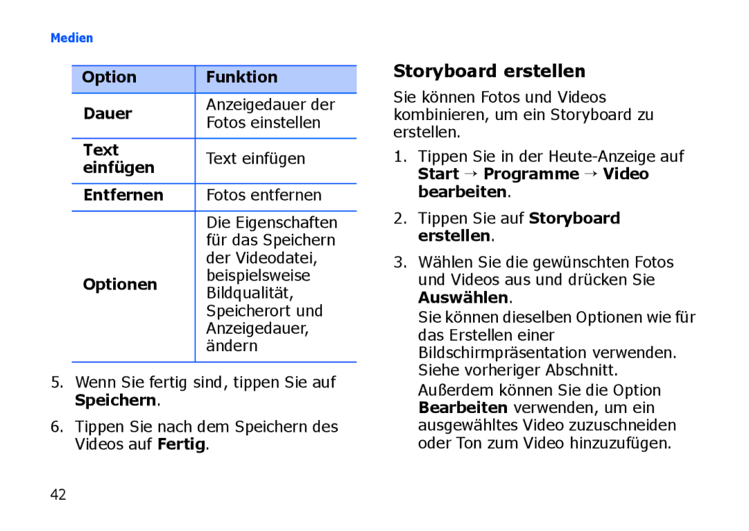 Samsung SGH-I900XKBSUN, SGH-I900ZKAXEG manual Storyboard erstellen, Option Funktion Dauer, Text, Entfernen, Optionen 