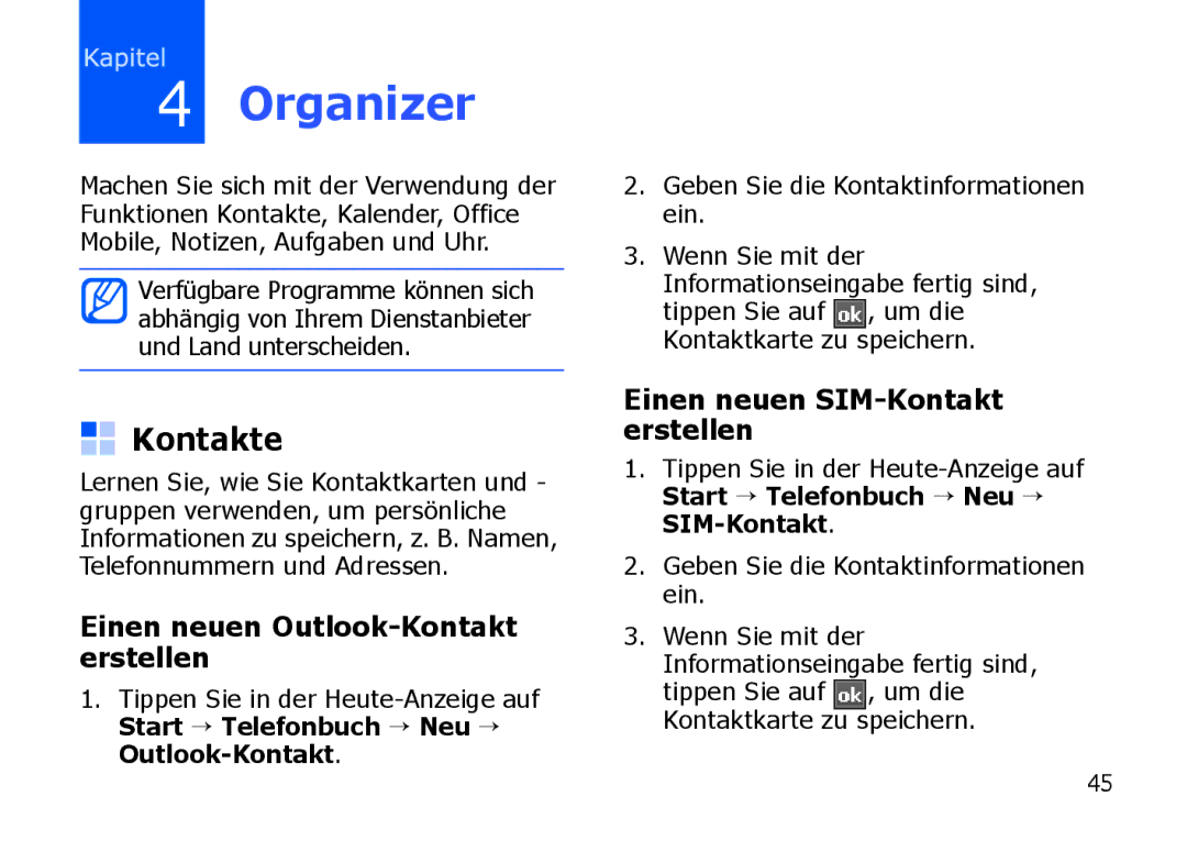 Samsung SGH-I900XKBDTM, SGH-I900ZKAXEG Kontakte, Einen neuen Outlook-Kontakt erstellen, Einen neuen SIM-Kontakt erstellen 