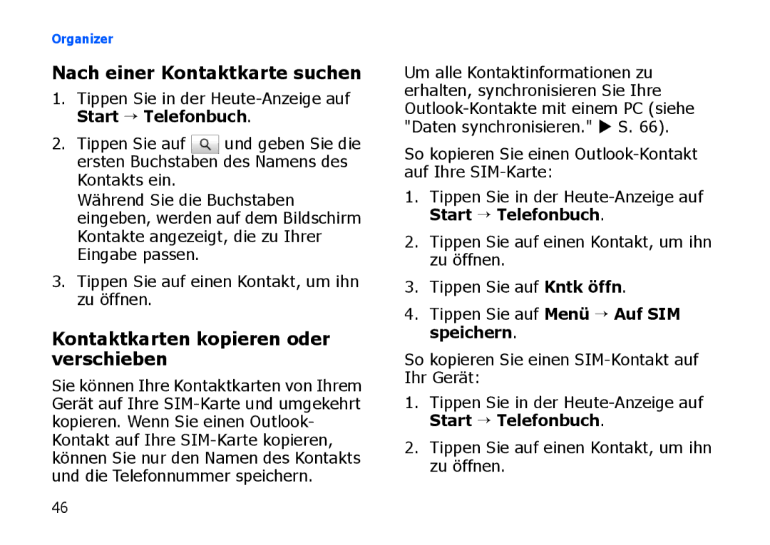 Samsung SGH-I900XKATUR, SGH-I900ZKAXEG manual Kontaktkarten kopieren oder verschieben, Nach einer Kontaktkarte suchen 