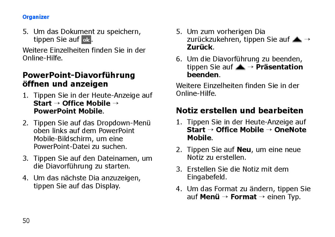 Samsung SGH-I900XKBDBT, SGH-I900ZKAXEG manual Notiz erstellen und bearbeiten, PowerPoint-Diavorführung öffnen und anzeigen 