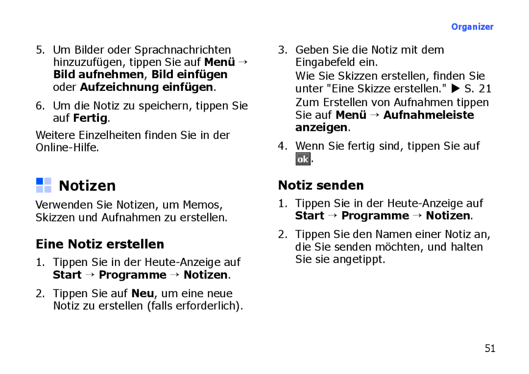 Samsung SGH-I900XKAEPL, SGH-I900ZKAXEG, SGH-I900XKBDTM, SGH-I900XKATUR manual Notizen, Eine Notiz erstellen, Notiz senden 