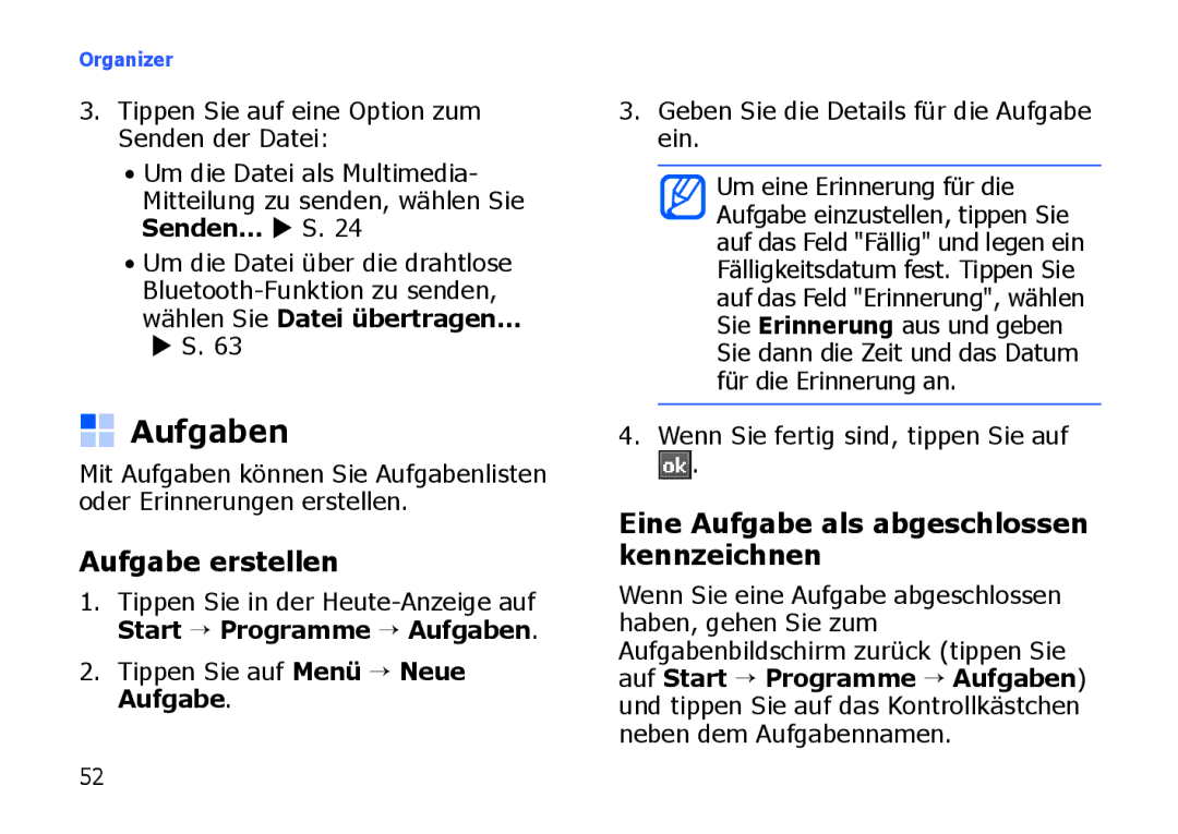 Samsung SGH-I900HAAXEG, SGH-I900ZKAXEG manual Aufgaben, Aufgabe erstellen, Eine Aufgabe als abgeschlossen kennzeichnen 