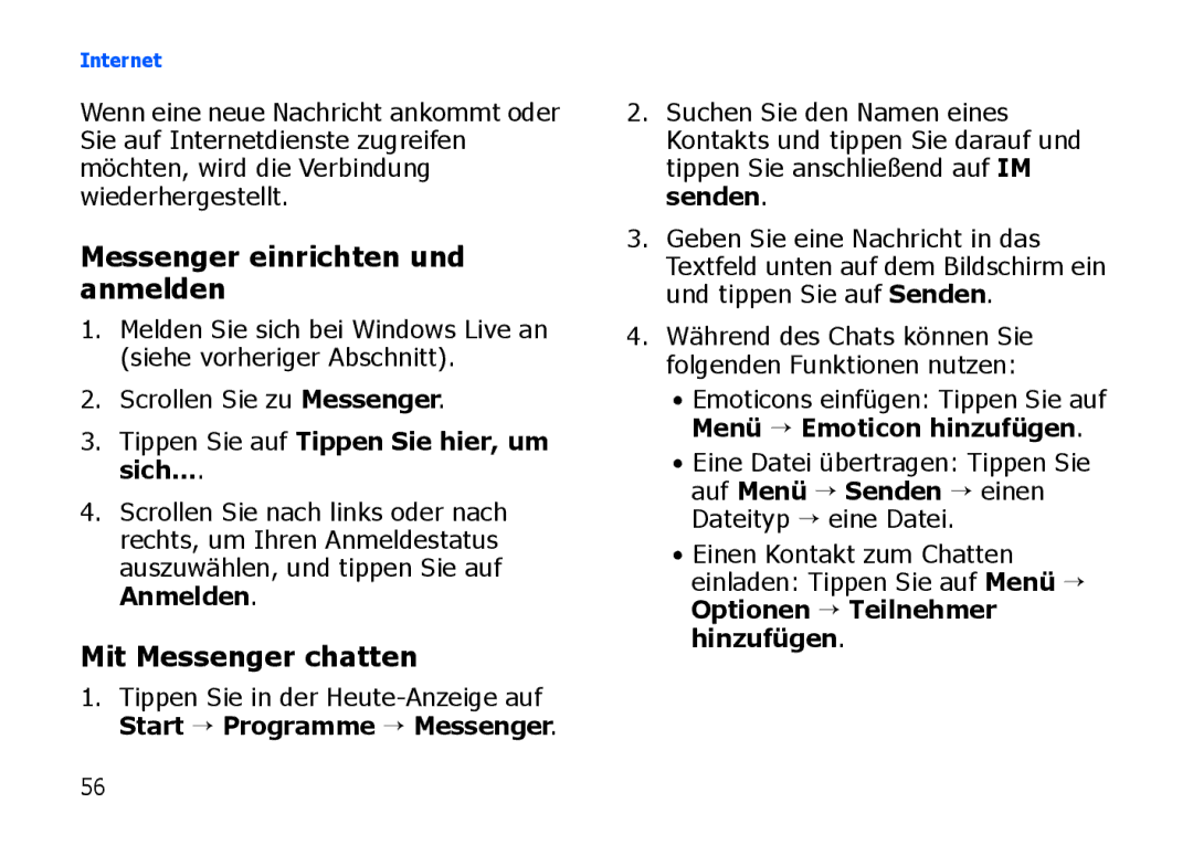 Samsung SGH-I900XKADTM Messenger einrichten und anmelden, Mit Messenger chatten, Tippen Sie auf Tippen Sie hier, um sich 