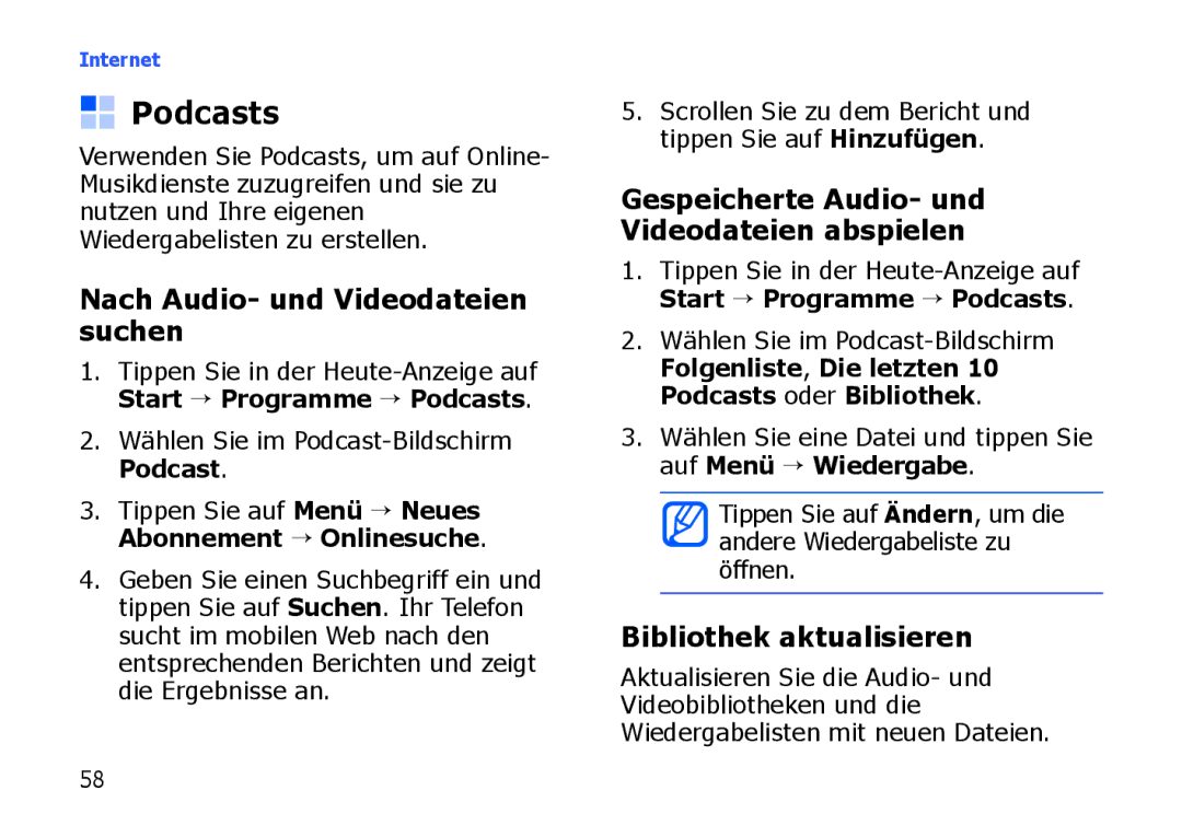 Samsung SGH-I900XKNVIA manual Podcasts, Nach Audio- und Videodateien suchen, Gespeicherte Audio- und Videodateien abspielen 