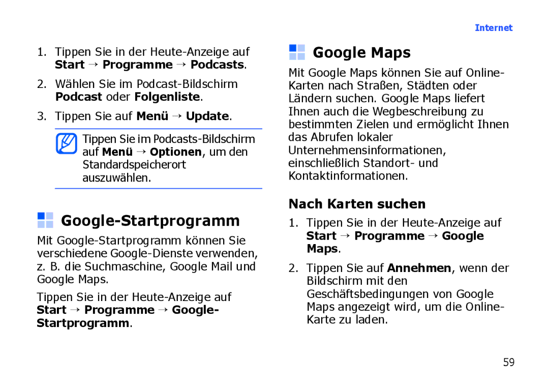 Samsung SGH-I900ZKBDTM, SGH-I900ZKAXEG, SGH-I900XKBDTM, SGH-I900XKATUR Google-Startprogramm, Google Maps, Nach Karten suchen 