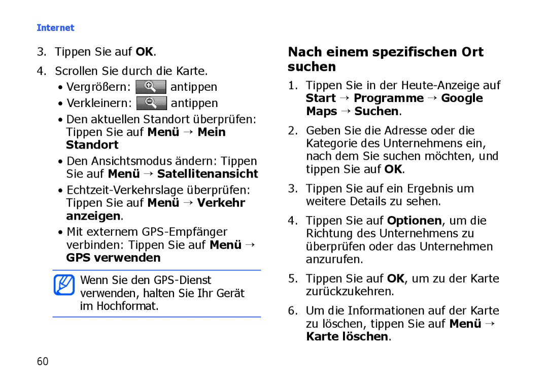 Samsung SGH-I900XKBAUT, SGH-I900ZKAXEG, SGH-I900XKBDTM manual Nach einem spezifischen Ort suchen, Standort, GPS verwenden 