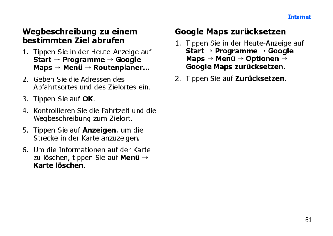 Samsung SGH-I900ZWBDTM, SGH-I900ZKAXEG manual Google Maps zurücksetzen, Wegbeschreibung zu einem bestimmten Ziel abrufen 