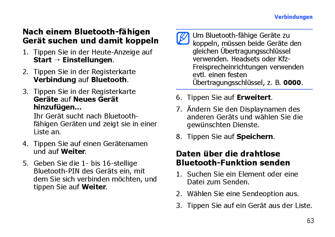 Samsung SGH-I900XKAXEG, SGH-I900ZKAXEG, SGH-I900XKBDTM manual Nach einem Bluetooth-fähigen Gerät suchen und damit koppeln 