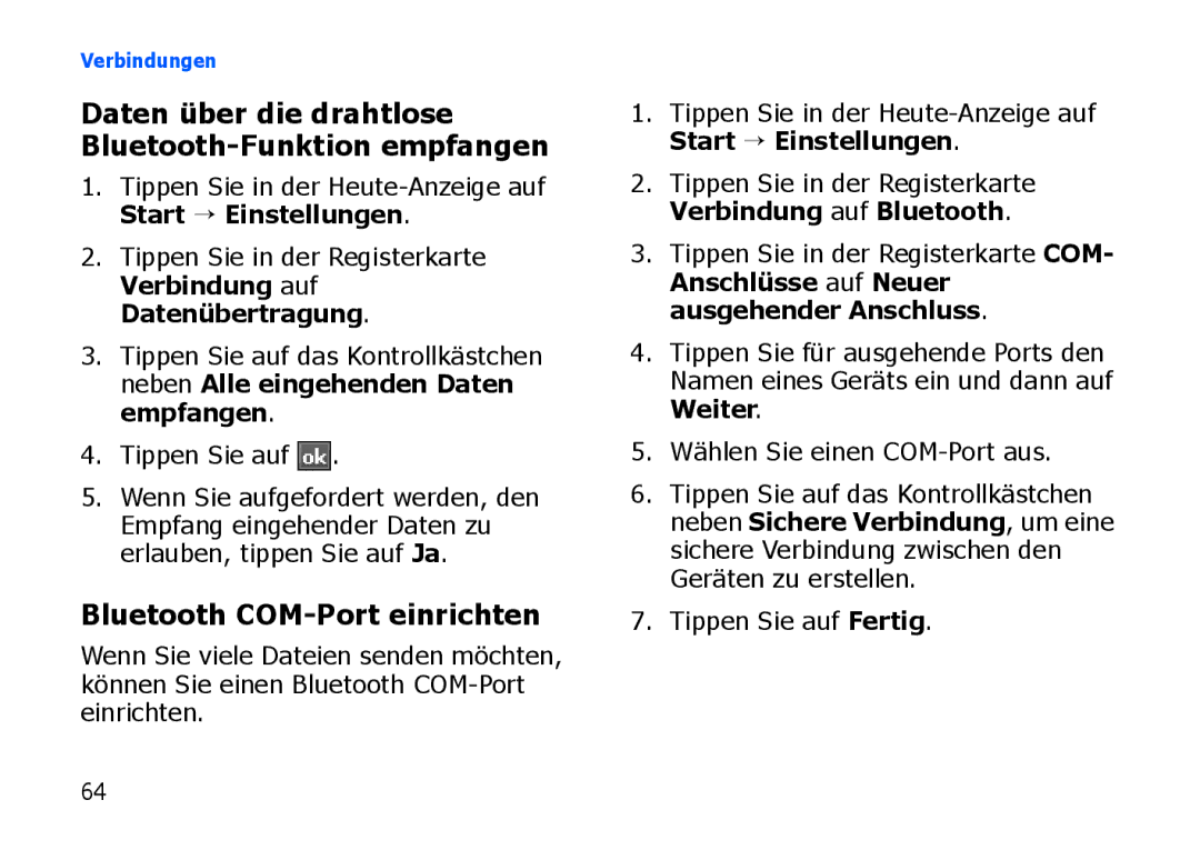 Samsung SGH-I900ZKADBT manual Bluetooth COM-Port einrichten, Daten über die drahtlose Bluetooth-Funktion empfangen 