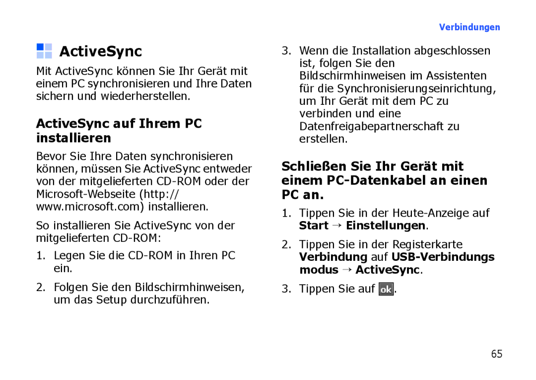 Samsung SGH-I900XKBSUN, SGH-I900ZKAXEG, SGH-I900XKBDTM, SGH-I900XKATUR manual ActiveSync auf Ihrem PC installieren 