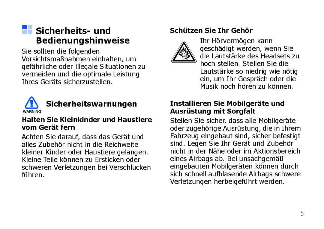 Samsung SGH-I900XKAEPL, SGH-I900ZKAXEG Sicherheits- und Bedienungshinweise, Sicherheitswarnungen, Schützen Sie Ihr Gehör 