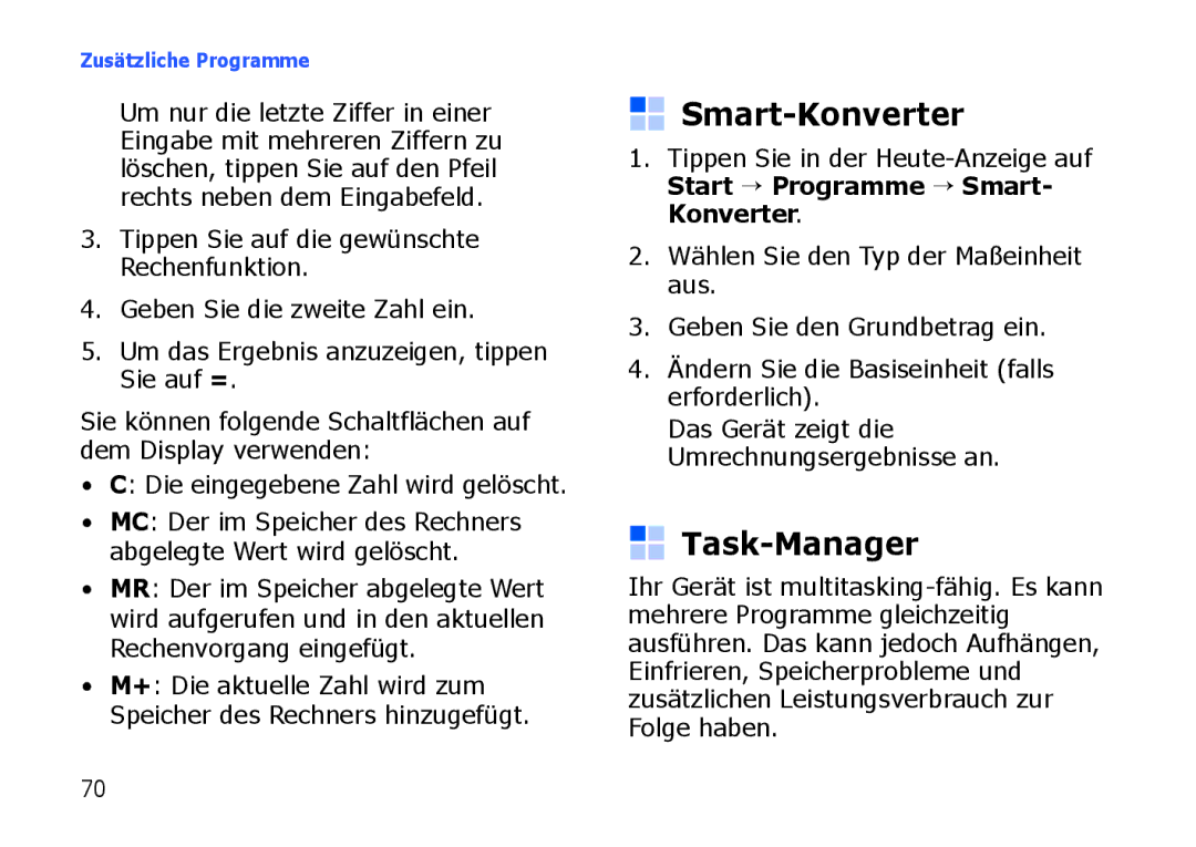 Samsung SGH-I900HAADBT, SGH-I900ZKAXEG, SGH-I900XKBDTM, SGH-I900XKATUR, SGH-I900XKNEPL manual Smart-Konverter, Task-Manager 