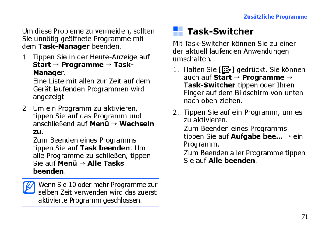 Samsung SGH-I900XKNEPL, SGH-I900ZKAXEG, SGH-I900XKBDTM, SGH-I900XKATUR, SGH-I900HAADBT, SGH-I900XKBVIA manual Task-Switcher 