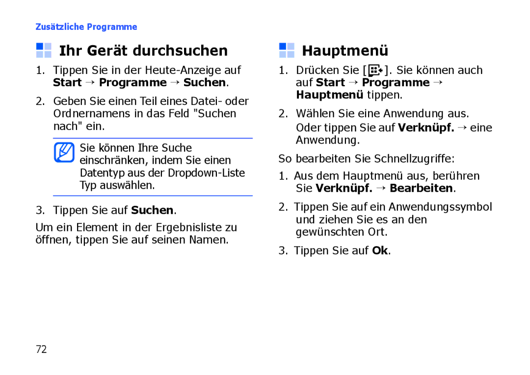 Samsung SGH-I900XKBVIA, SGH-I900ZKAXEG, SGH-I900XKBDTM, SGH-I900XKATUR, SGH-I900HAADBT manual Ihr Gerät durchsuchen, Hauptmenü 