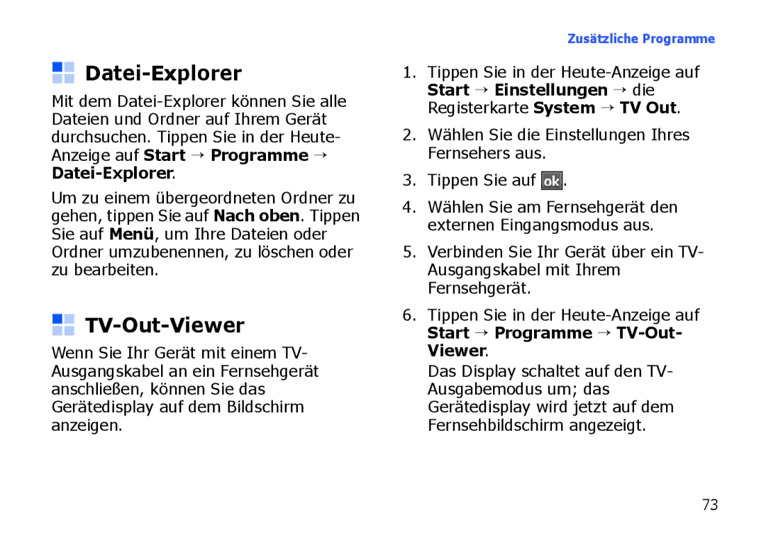 Samsung SGH-I900XKBDBT, SGH-I900ZKAXEG, SGH-I900XKBDTM, SGH-I900XKATUR, SGH-I900HAADBT manual Datei-Explorer, TV-Out-Viewer 