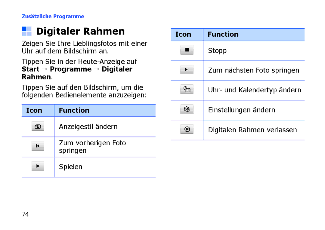 Samsung SGH-I900XKAEPL, SGH-I900ZKAXEG, SGH-I900XKBDTM, SGH-I900XKATUR, SGH-I900HAADBT manual Digitaler Rahmen, Icon Function 