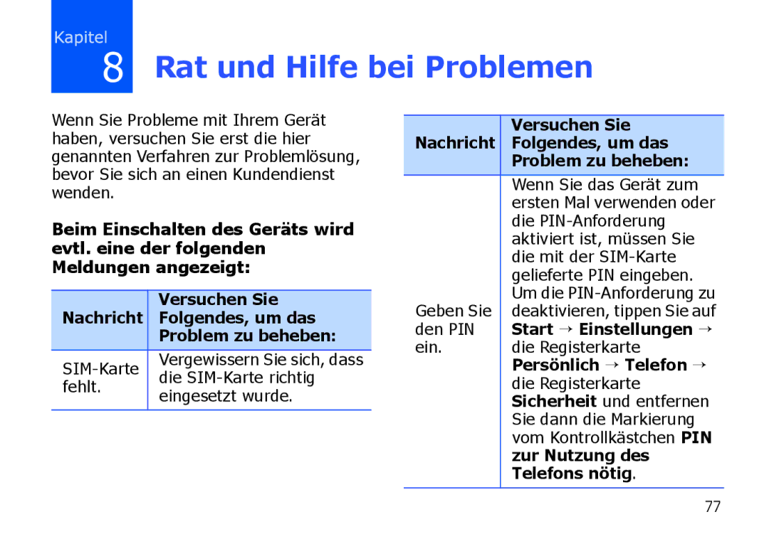 Samsung SGH-I900ZWBMOT, SGH-I900ZKAXEG Start → Einstellungen →, Persönlich → Telefon →, Zur Nutzung des, Telefons nötig 