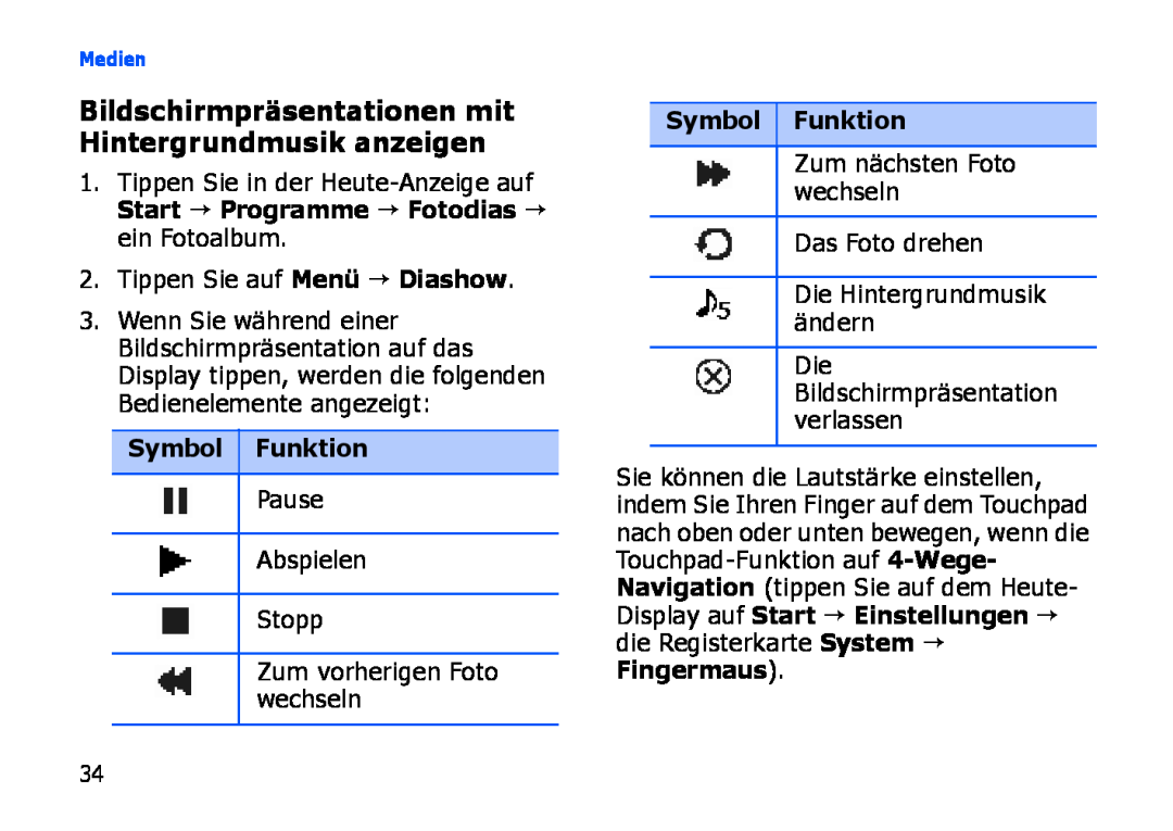Samsung SGH-I900XKCDTM manual Bildschirmpräsentationen mit Hintergrundmusik anzeigen, Tippen Sie auf Menü → Diashow 