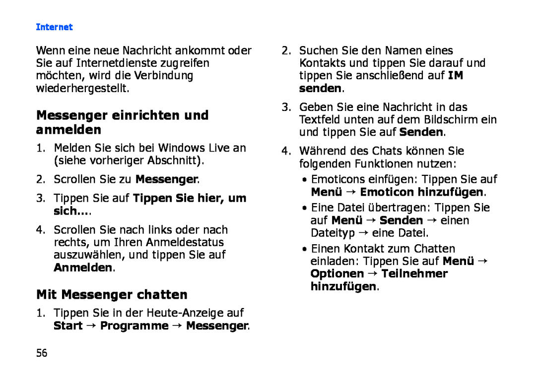 Samsung SGH-I900XKADTM Messenger einrichten und anmelden, Mit Messenger chatten, Tippen Sie auf Tippen Sie hier, um sich 