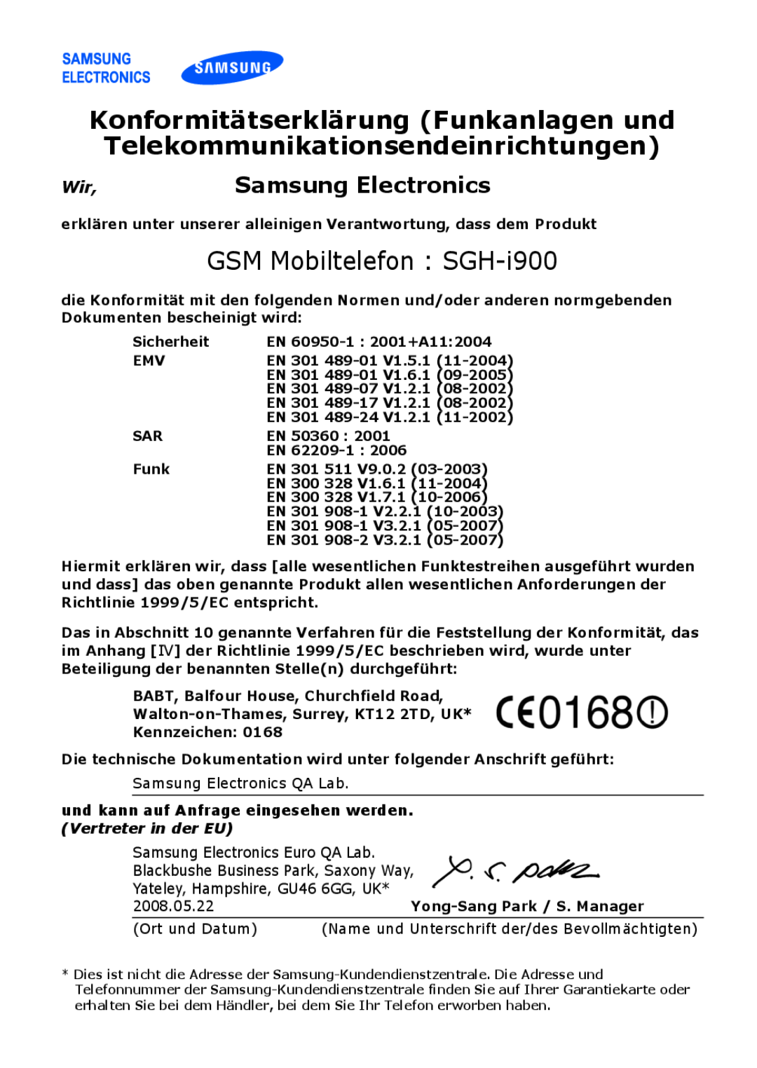 Samsung SGH-I900XKAEPL, SGH-I900ZKAXEG, SGH-I900XKBDTM, SGH-I900XKATUR manual GSM Mobiltelefon SGH-i900, Samsung Electronics 