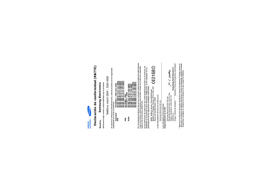 Samsung SGH-I900XKCFOP, SGH-I900ZKVATL, SGH-I900XKAAMN manual Declaración de conformidad R&TTE, Nosotros, Samsung Electronics 