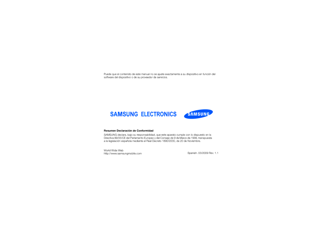 Samsung SGH-I900XKBXEC, SGH-I900ZKVATL, SGH-I900XKAAMN, SGH-I900XKAXEC, SGH-I900XKBAMN Resumen Declaración de Conformidad 