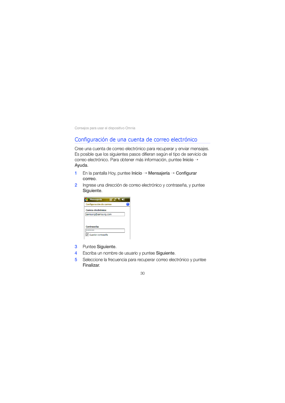 Samsung SGH-I900XKAXEC, SGH-I900ZKVATL, SGH-I900XKAAMN Configuración de una cuenta de correo electrónico, Puntee Siguiente 