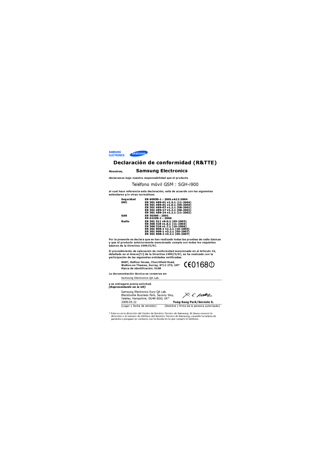 Samsung SGH-I900XKBAMN, SGH-I900ZKVATL, SGH-I900XKAAMN manual Declaración de conformidad R&TTE, Nosotros, Samsung Electronics 