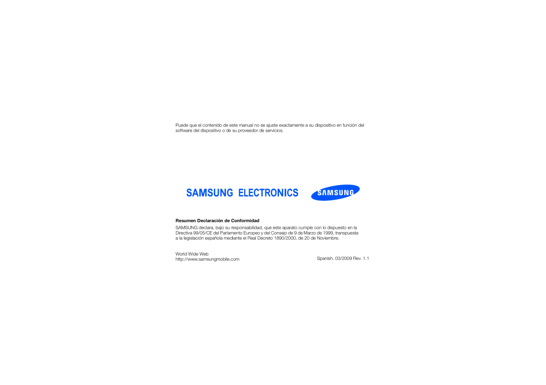 Samsung SGH-I900XKBXEC, SGH-I900ZKVATL, SGH-I900XKAAMN, SGH-I900XKAXEC Resumen Declaración de Conformidad, World Wide Web 