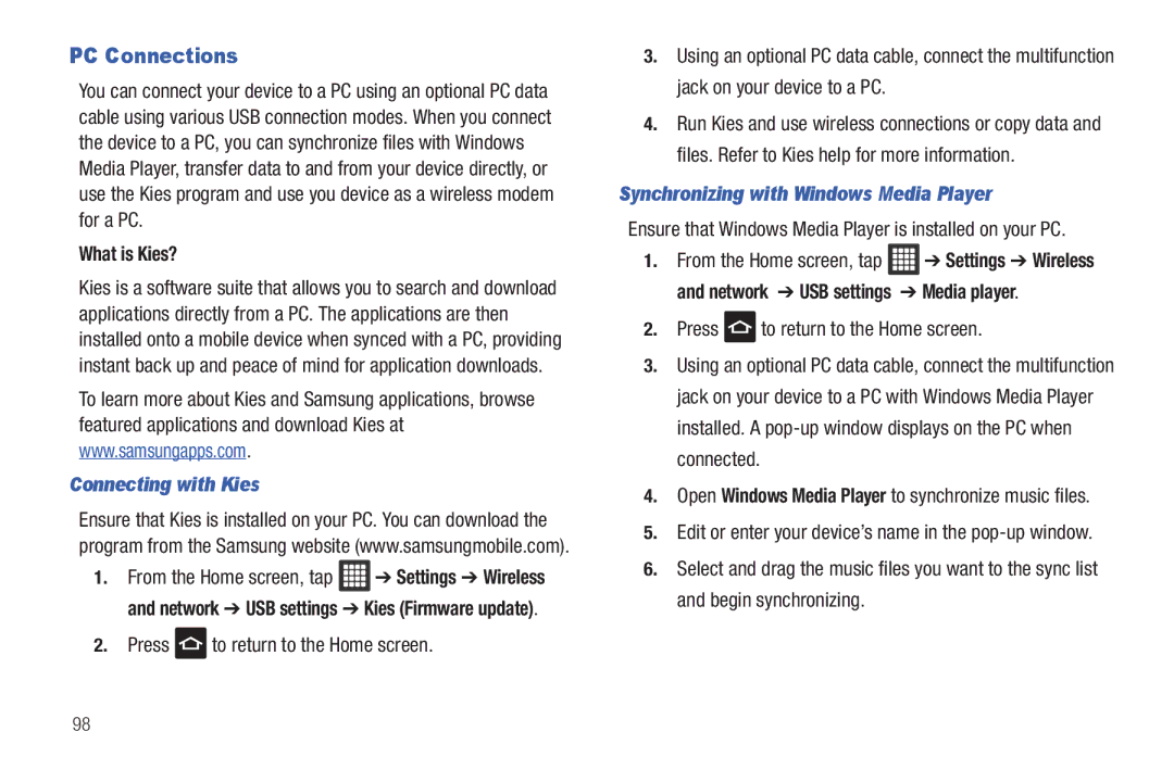 Samsung SGH-I987 user manual PC Connections, What is Kies?, Connecting with Kies, Synchronizing with Windows Media Player 