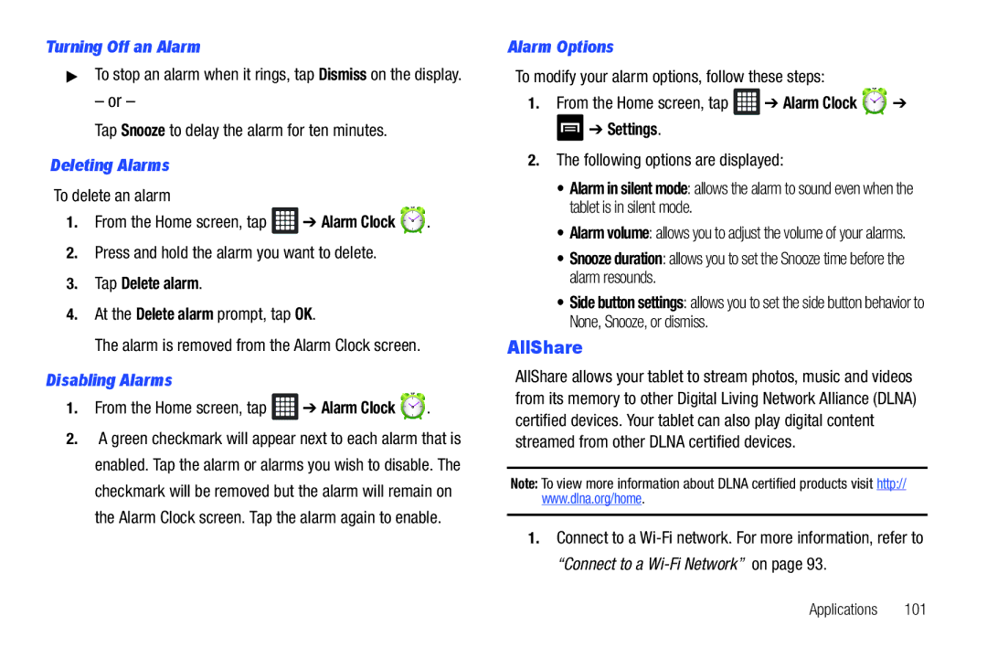 Samsung SGH-I987 user manual AllShare, Turning Off an Alarm, Deleting Alarms, Disabling Alarms, Alarm Options 