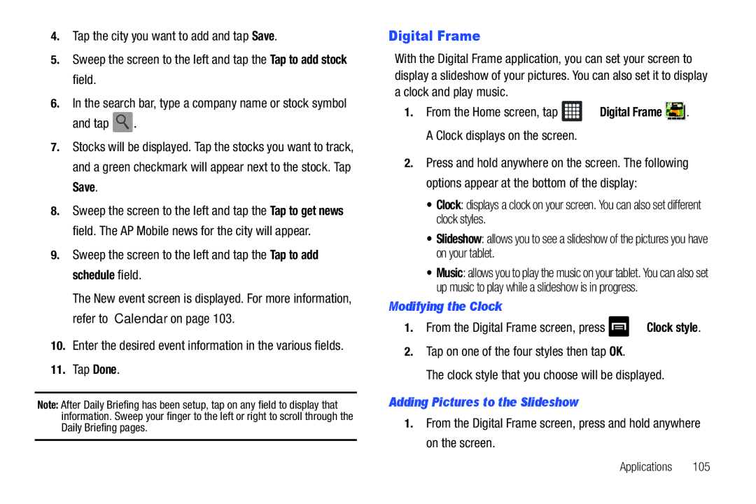 Samsung SGH-I987 user manual Digital Frame, Tap Done, Modifying the Clock, Adding Pictures to the Slideshow 