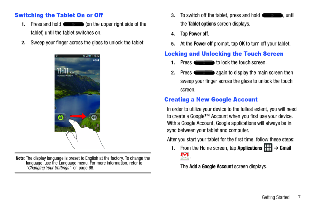 Samsung SGH-I987 Switching the Tablet On or Off, Locking and Unlocking the Touch Screen, Creating a New Google Account 