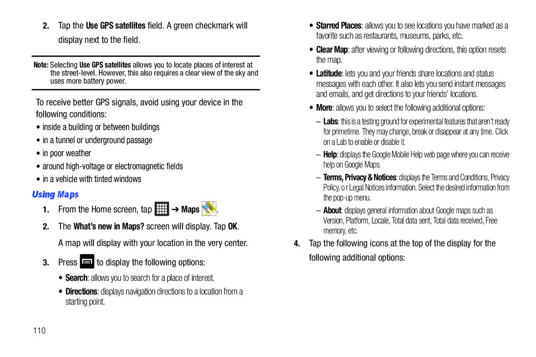 Samsung SGH-I987 user manual Using Maps, From the Home screen, tap Maps, 110 