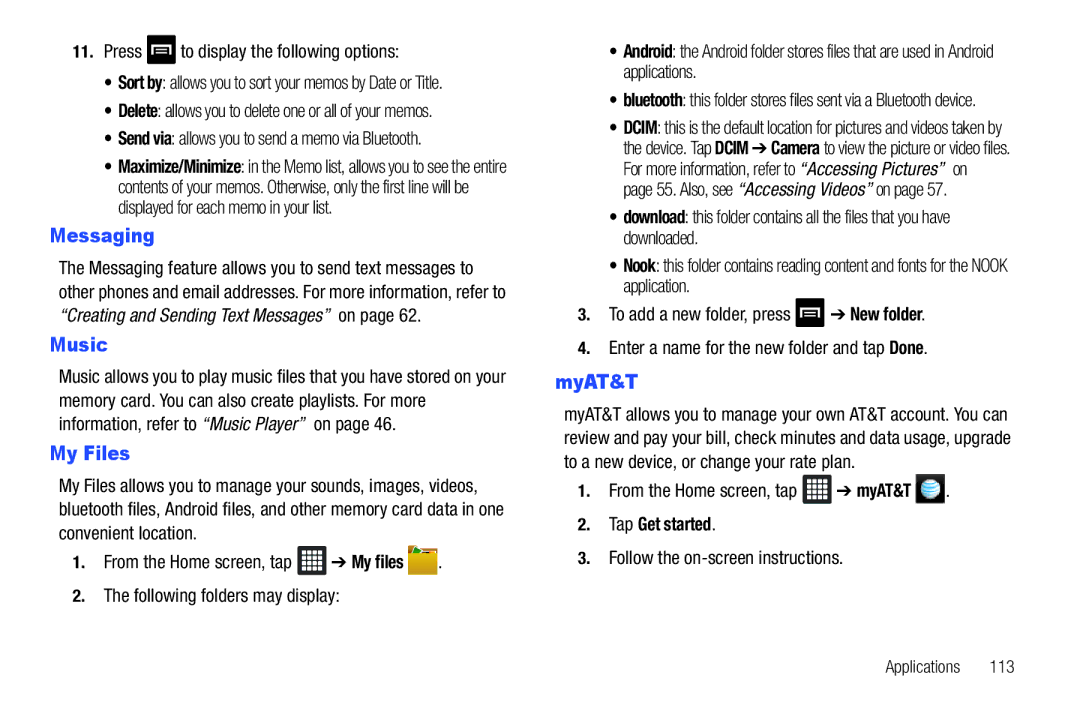 Samsung SGH-I987 user manual Messaging, Music, My Files, Tap Get started 