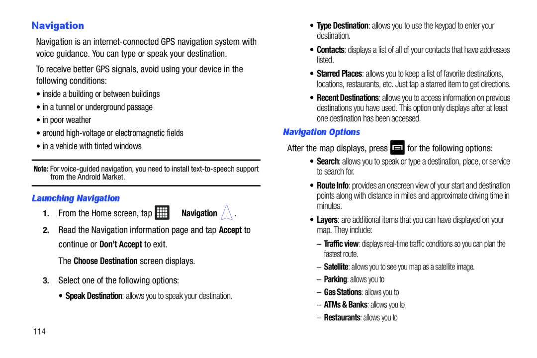 Samsung SGH-I987 user manual Launching Navigation, From the Home screen, tap Navigation, Navigation Options, 114 