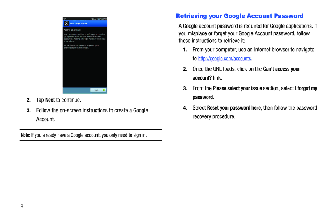 Samsung SGH-I987 user manual Retrieving your Google Account Password 